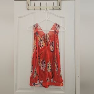 Free People Vibrant Red Floral Pleated Blouse